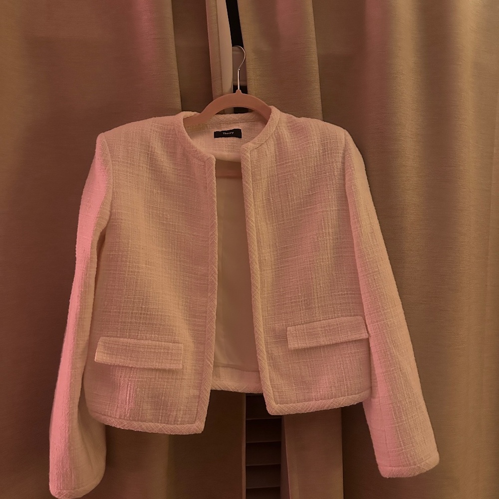 Theory Cream Tweed Collarless Jacket